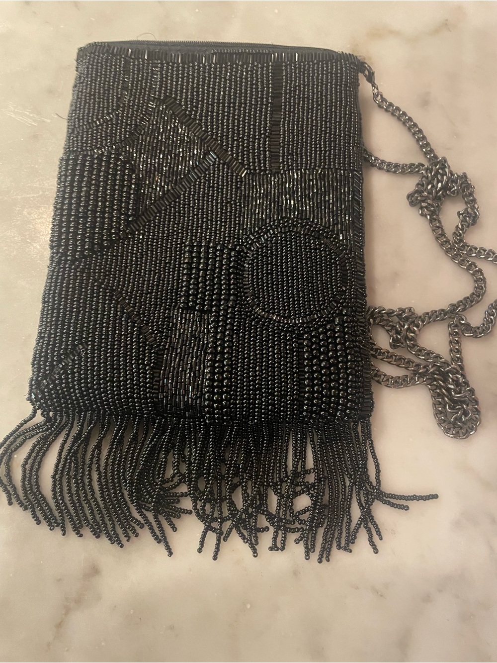 Mary Frances Black Beaded Fringe Crossbody Card Holder